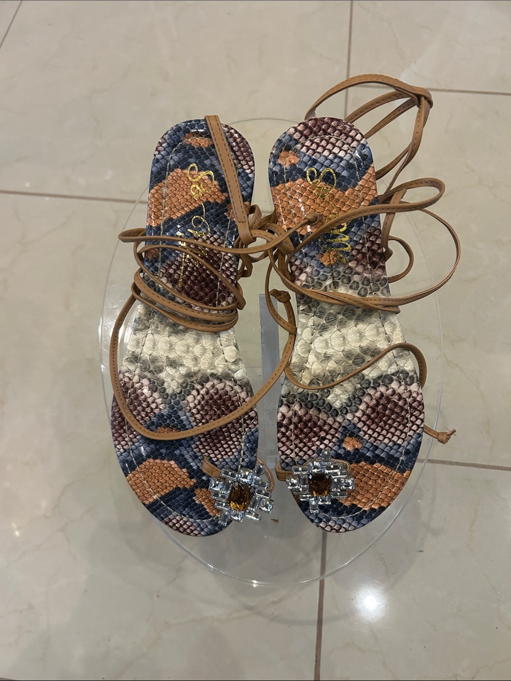 So Me Tan Lace-Up Snake-Print Sandals with Crystal Accent